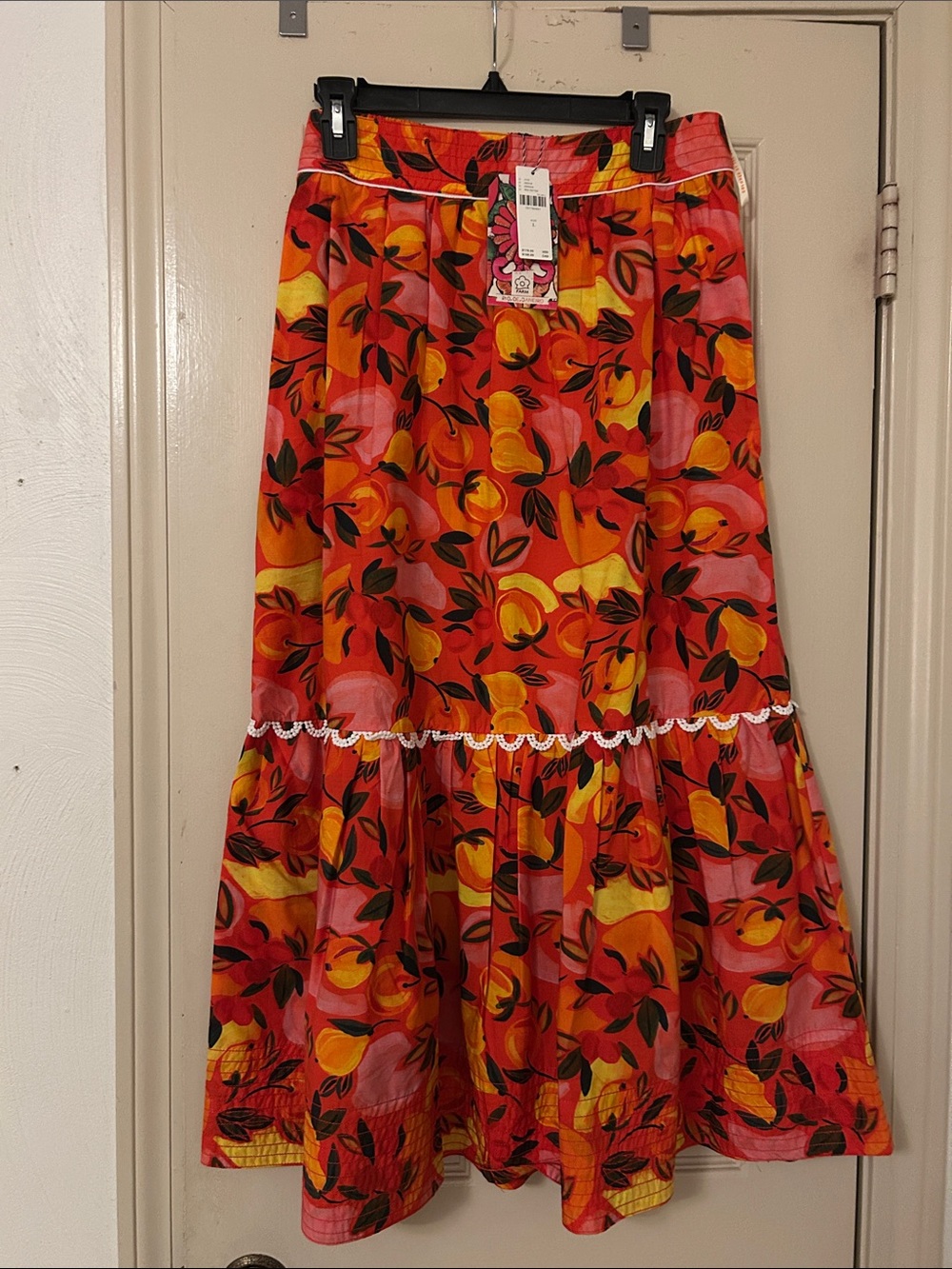 Anthropologie Bright Orange Floral Maxi Skirt with Lace Trim